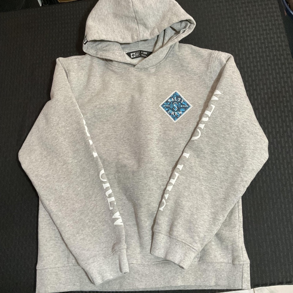 Salty Crew Hoodie Kids XL Gray Pullover Sleeve Logo‎ Nautical Graphic Sweatshirt